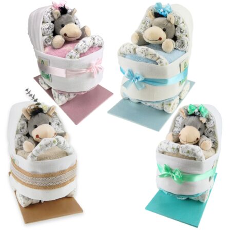 Diaper cake baby carriage with soft toy